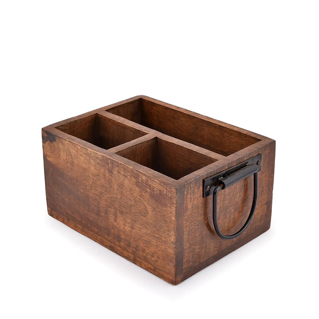 3 Compartment Flatware Caddy Cutlery Utensil Holder with Metal Handles for Farmhouse Kitchen Decor and Countertop Dining Table Office Organizer (8" x 6" x 4")