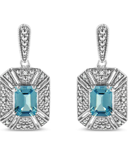 .925 Sterling Silver 7x5MM Emerald Shape Blue Topaz and Diamond Accent Art Deco Halo Style Drop and Dangle Earrings (I-J Color, I1-I2 Clarity)