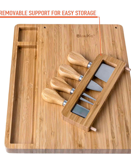 Bamboo Cheese Board Set - 14x11 Inch With 4 Knives - Wood Tray