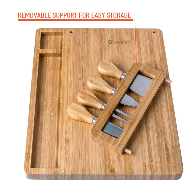 Bamboo Cheese Board Set - 14x11 Inch With 4 Knives - Wood Tray
