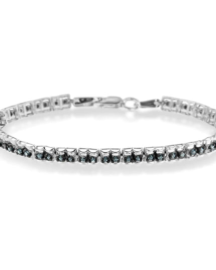 Black Rhodium over .925 Sterling Silver 1.0 Cttw Rose Cut Diamond Double-Link 7" Tennis Bracelet (Blue Color, I1-I2 Clarity)