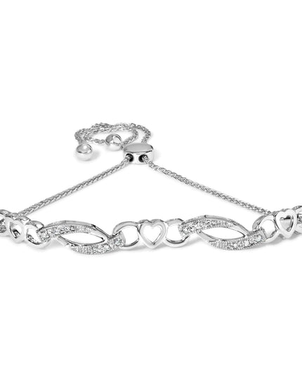 .925 Sterling Silver 1/10 Cttw Diamond Heart Link Adjustable Bolo Bracelet (I-J Color, I2-I3 Clarity) - 4 to 10 Inches