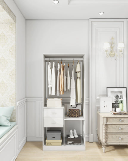 Freestanding Closet System 71"H With Drawers, Wooden Wardrobe Organizer, Clothing Racks