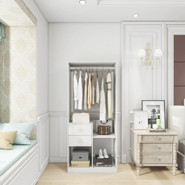 Freestanding Closet System 71"H With Drawers, Wooden Wardrobe Organizer, Clothing Racks