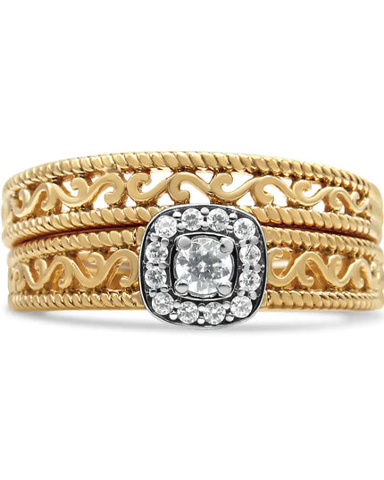 14K Yellow Gold Plated .925 Sterling Silver 1/5 Cttw Diamond Halo and Milgrain Finish Engagement Ring Bridal Set (I-J Color I3 Clarity)