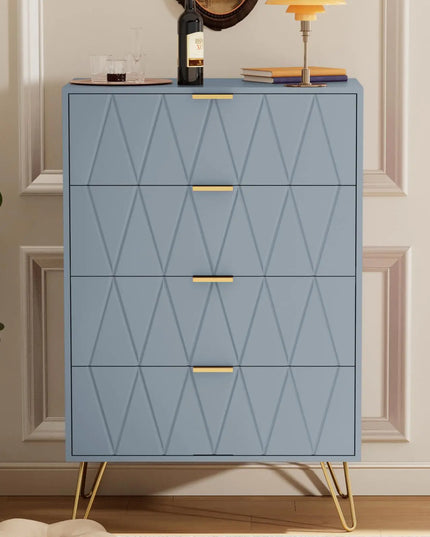UEV Blue 4-Drawer Tall Dresser with Golden Handles – Modern Wooden Storage Cabinet for Bedroom & Hallway