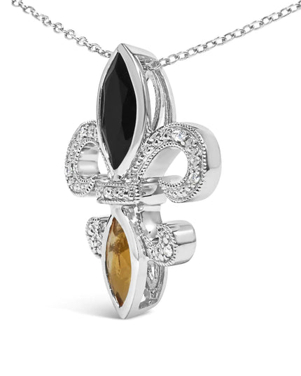 .925 Sterling Silver Marquise Onyx and Citrine and Diamond Accent Fleur De Lis Pendant Necklace (H-I Color, SI1-SI2 Clarity) - 18"
