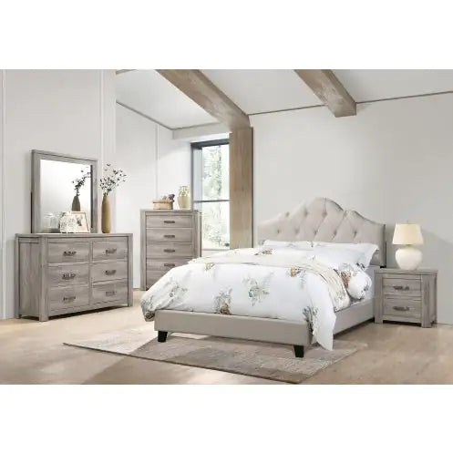 1pc Queen Size Upholstered Bed – Adjustable Headboard, Light Brown Tufted Polyfiber, Wooden Frame