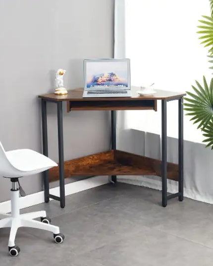 Compact Triangle Computer Desk, Corner Table With Keyboard Tray, Storage Shelves