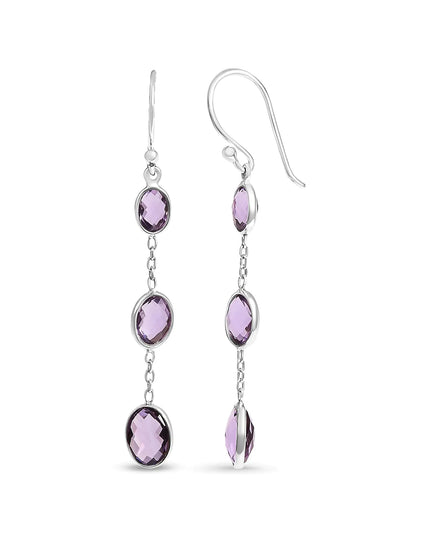 .925 Sterling Silver Checkerboard Cut Oval Purple Amethyst 2" Inch Drop and Dangle Earrings