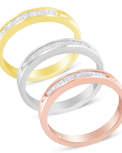 10K Yellow, White and Rose Gold over .925 Sterling Silver 5/8 Cttw Diamond Channel-Set Stackable Band Ring Set (H-I Color, I1-I2 Clarity)