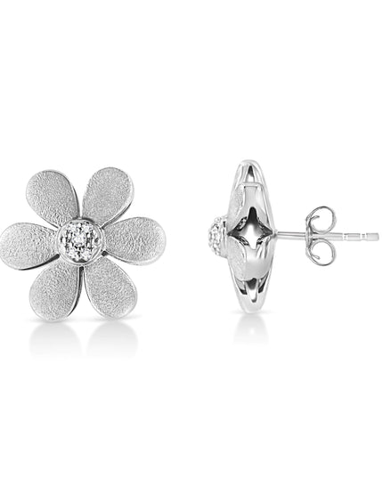 Matte Finished .925 Sterling Silver Diamond Accent Flower Hoop Stud Earring (I-J Color, I1-I2 Clarity)