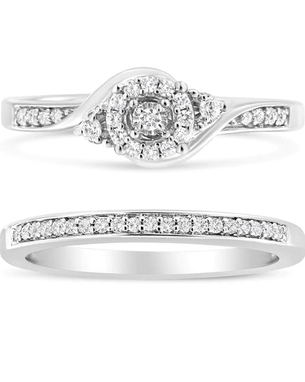 .925 Sterling Silver 1/4 Cttw Diamond Halo and Swirl Engagement Ring and Wedding Band Set (I-J Color, I3 Clarity)