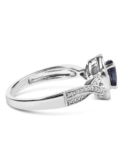 .925 Sterling Silver 6x4mm Pear Sapphire Gemstone with Diamond Accent Fashion Halo Ring (H-I Color, SI1-SI2 Clarity)