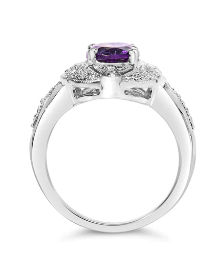 .925 Sterling Silver 9x7mm Oval Purple Amethyst and Round Diamond Accent Fashion Cocktail Ring (I-J Color, I1-I2 Clarity)