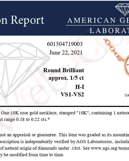 AGS Certified 10K Rose Gold 1/5 Cttw Bezel Set Round Diamond Solitaire 16-18" Adjustable Pendant Necklace (H-I Color, VS1-VS2 Clarity)