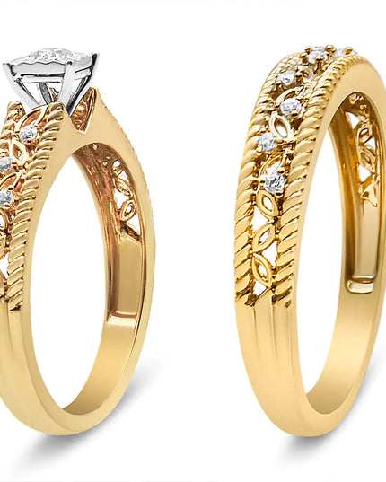 14K Yellow Gold Plated .925 Sterling Silver 1/5 Cttw Diamond Art Deco Style Engagement Ring Bridal Set (I-J Color, I3 Clarity)