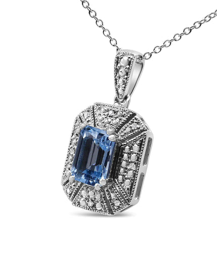 .925 Sterling Silver Blue Topaz and Diamond Accent Art Deco Style 18" Pendant Necklace (I-J Color, I1-I2 Clarity)