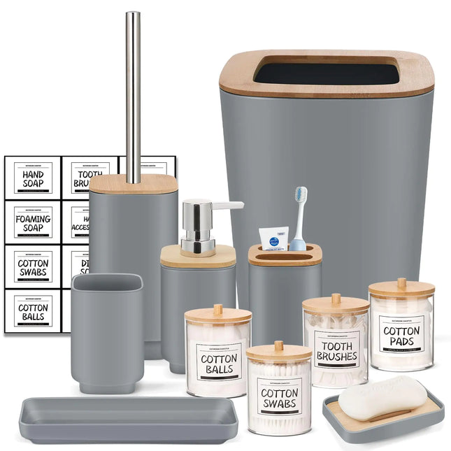 11-Piece Grey Bathroom Gift Set – Soap Dispenser, Toothbrush Holder, Q-tip Dispenser, Toilet Brush, Trash Can & More