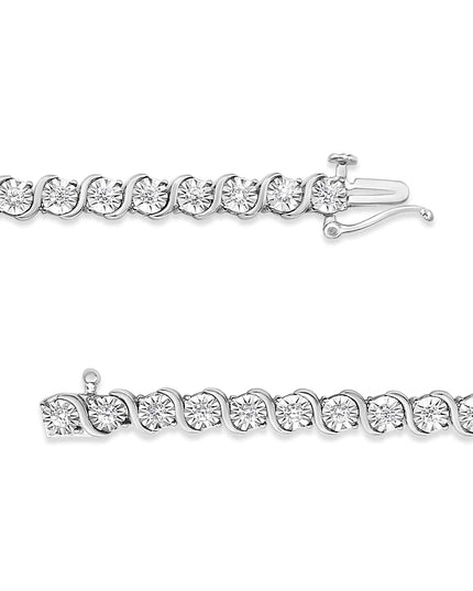 .925 Sterling Silver 1/4 Cttw Diamond Round Miracle Plate and "S" Link Tennis Bracelet (I-J Color, I2- I3 Clarity) - 7"