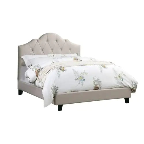 1pc Queen Size Upholstered Bed – Adjustable Headboard, Light Brown Tufted Polyfiber, Wooden Frame
