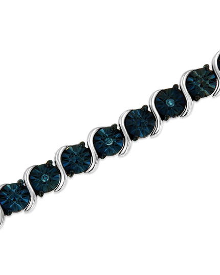 .925 Sterling Silver 1/10 Cttw Miracle-Set Treated Blue Color Diamond Miracle Plate "S" Link Tennis Bracelet (Blue Color, I2- I3 Clarity) - 7.25"