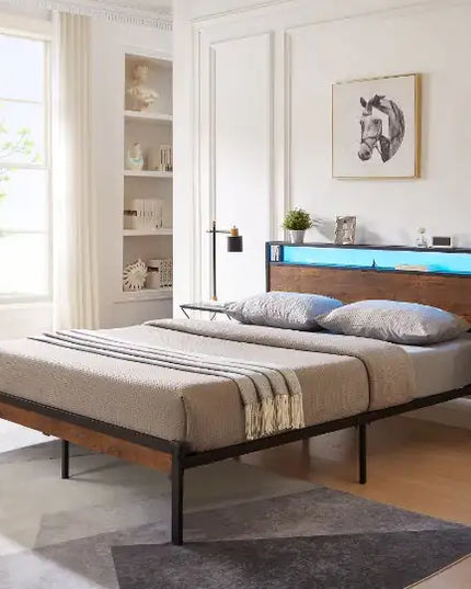 Metal Platform Bed Frame, Full Size, Wooden Headboard & Footboard, USB Ports, No Box