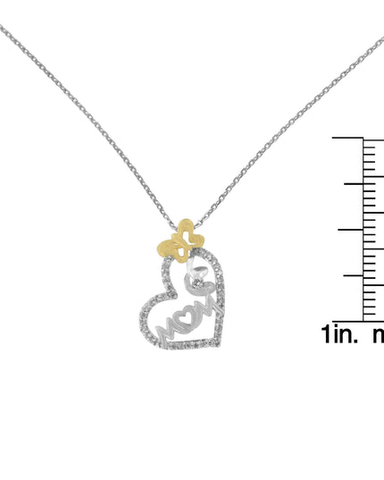 Two Tone .925 Sterling Silver 1/5 cttw Diamond "Mom" and Heart Pendant Necklace (H-I, I1-I2)