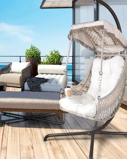 Swing Egg Chair With Stand, Beige UV Cushion, Cup Holder
