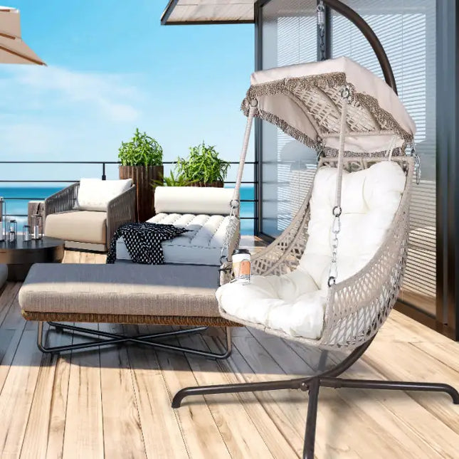 Swing Egg Chair With Stand, Beige UV Cushion, Cup Holder