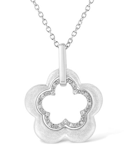 Matte Finished .925 Sterling Silver Diamond Accent Double Flower Shape 18" Satin Finished Pendant Necklace (I-J Color, I1-I2 Clarity)