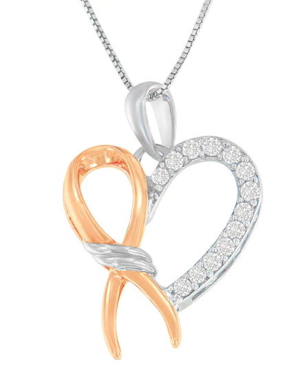 Two-Toned .925 Sterling Silver 1/5 cttw Round Cut Diamond Ribbon Heart Accent Pendant Necklace (H-I, I2-I3)