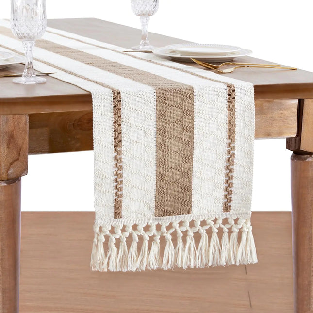 Boho Farmhouse Table Runner – 72" Burlap-Style with Tassels, Cream & Brown by B-COOL