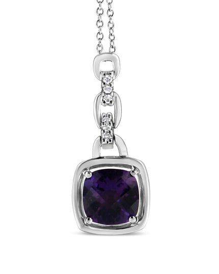.925 Sterling Silver 6x6MM Cushion Shaped Natural Purple Amethyst and Diamond Accented Bale 18" Inch Pendant Necklace (I-J Color, I1-I2 Clarity)