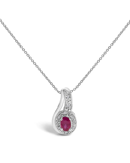.925 Sterling Silver Red Ruby and Diamond Accent Milgrain Swirl Pendant Necklace - 18" Inches
