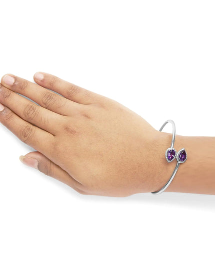 .925 Sterling Silver 8 x 5.5mm Pear Shape Amethyst  and Diamond Accent Halo Bypass Bangle Bracelet (H-I Color, SI1-SI2 Clarity)  - Fits up to 7" Inches