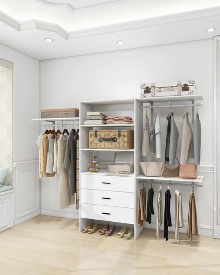 White Wooden Closet Organizer System – Wall-Mounted Shelves, Drawers & Hanging Rod for Clothes Storage