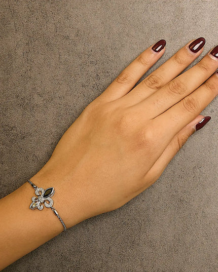 .925 Sterling Silver Marquise Black Onyx, Orange Citrine, and Diamond Accent Lariat 4”-10” Fleur De Lis Adjustable Bolo Bracelet (I-J Color, I1-I2 Clarity) - 7"
