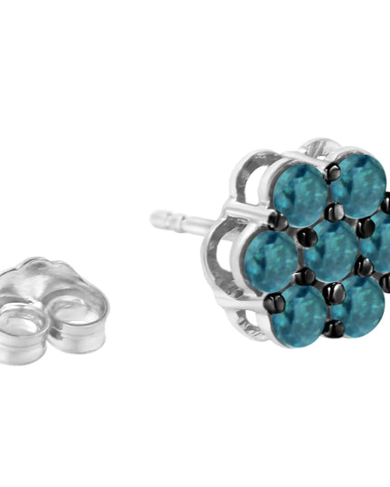 Sterling Silver Treated Blue Diamond Floral Stud Earrings (1 cttw, Blue Color, I2-I3 Clarity)