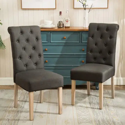 Solid Wood Tufted Dining Chairs, Set Of 2, Charcoal