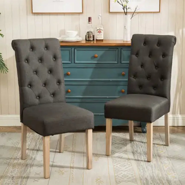 Solid Wood Tufted Dining Chairs, Set Of 2, Charcoal