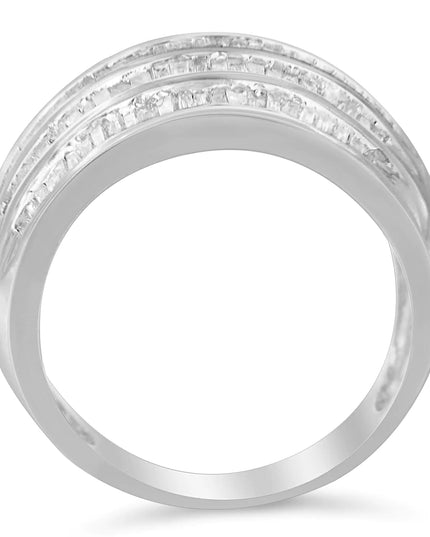 .925 Sterling Silver 1.0 Cttw Baguette-Cut Diamond 6-Row Channel Set Domed Tapered Cocktail Fashion Ring (H-I Color, I2-I3 Clarity)