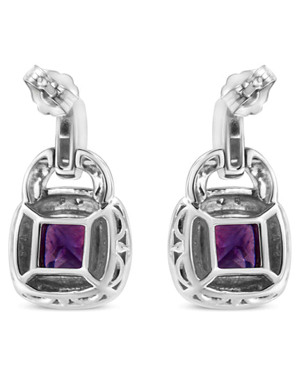 .925 Sterling Silver 8MM Natural Cushion Shaped Amethyst and Diamond Accent Halo with Push Back Dangle Earrings (I-J Color, I2-I3 Clarity)