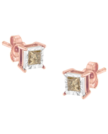 14K Rose Gold Plated Two-Tone .925 Sterling Silver 1/2 Cttw Princess-Cut Square Diamond Solitaire Miracle-Plate Stud Earrings (K-L Color, I2-I3 Clarity)
