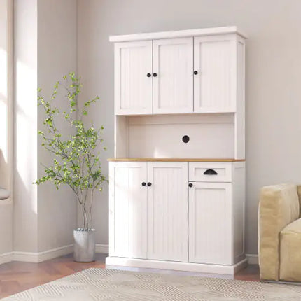 Freestanding Kitchen Storage Cabinet, White, Adjustable Shelves, 6 Doors, 1 Drawer