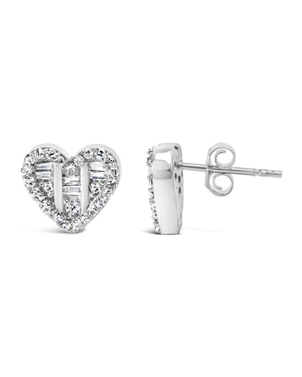 .925 Sterling Silver 1/2 Cttw Round and Baguette Diamond Composite Heart Shaped Stud Earring (I-J Color, SI2-I1 Clarity)