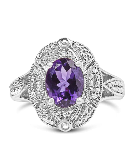 .925 Sterling Silver 9x7mm Oval Purple Amethyst and Round Diamond Accent Fashion Cocktail Ring (I-J Color, I1-I2 Clarity)