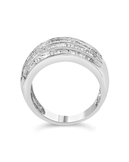.925 Sterling Silver 1.0 Cttw Baguette-Cut Diamond 6-Row Channel Set Domed Tapered Cocktail Fashion Ring (H-I Color, I2-I3 Clarity)