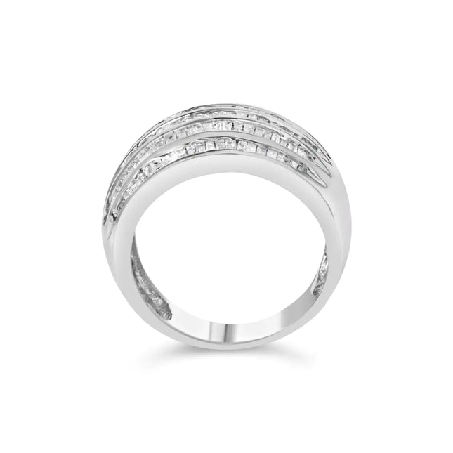 .925 Sterling Silver 1.0 Cttw Baguette-Cut Diamond 6-Row Channel Set Domed Tapered Cocktail Fashion Ring (H-I Color, I2-I3 Clarity)
