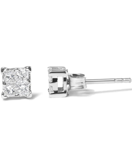 .925 Sterling Silver 1/4 Cttw Invisible Set Princess Diamond Composite Quad Stud Earrings (I-J Color, I1-I2 Clarity)